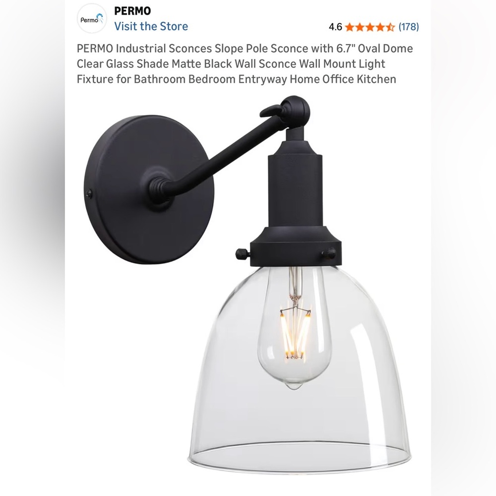 PERMO Matte Black Industrial Wall Sconce with Clear Glass Shade